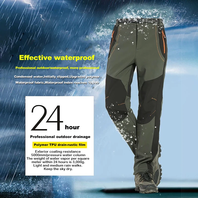 LNGXO Pantaloni da trekking in pile spesso caldo da uomo Pantaloni da pioggia invernali impermeabili antivento per esterni Soft Shell Trekking Pantaloni da sci da campeggio 3