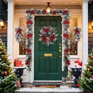 Decorazioni natalizie 2026 Ghirlanda natalizia in rattan Set ghirlanda per porta Fornt Decorazioni per Capodanno Ghirlanda di fiori Decorazioni per la casa all'aperto 1