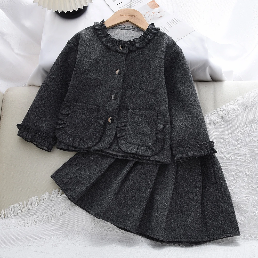 Autunno e inverno nuovi vestiti per ragazze in tinta unita giacca tascabile a maniche lunghe + gonna corta 3-7 anni vestito per bambini grigio 2