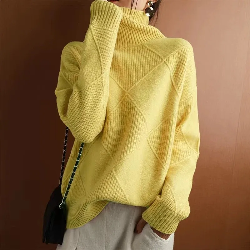 Maglione di lana da donna coreano autunno inverno nuovo dolcevita pullover in maglia abiti larghi per le donne top femminili di base solidi caldi 3