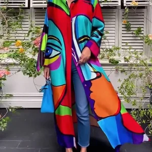 Camicia autunnale da donna Capispalla Elegante manica lunga stampata astratta 2025 Nuove giacche lunghe casual monopetto larghe 1