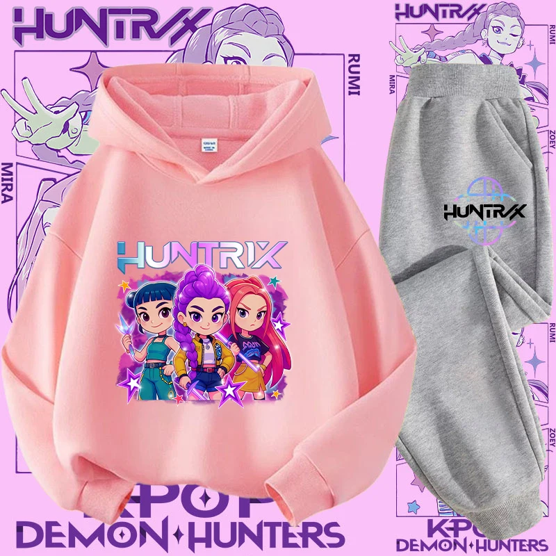Camicia sportiva con stampa cartoon 2 pezzi Nuovo set maglione con cappuccio per bambini - K-pop Demon Hunter Girl Cute Casual Top per bambini 4