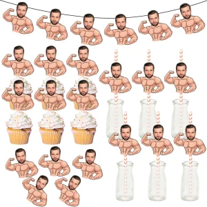 Personalizzato Muscle Man Face Photo Paper Banner Toppers Torta Cannucce Adesivi Forniture per addio al nubilato Decorazioni per feste di compleanno per adulti 1