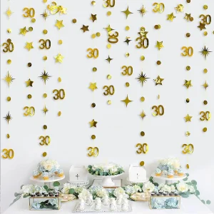 Oro 30th Happy Birthday Party Banner di carta Decorazioni Numero 30 anni Cerchio Punti Scintillio Stella Ghirlande Fondali appesi 1