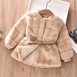 New Winter Baby Girls Jacket peluche Fur Keep Warm Belt Design foderato con cappotto spesso in velluto per bambini bambini Bithday Present 1