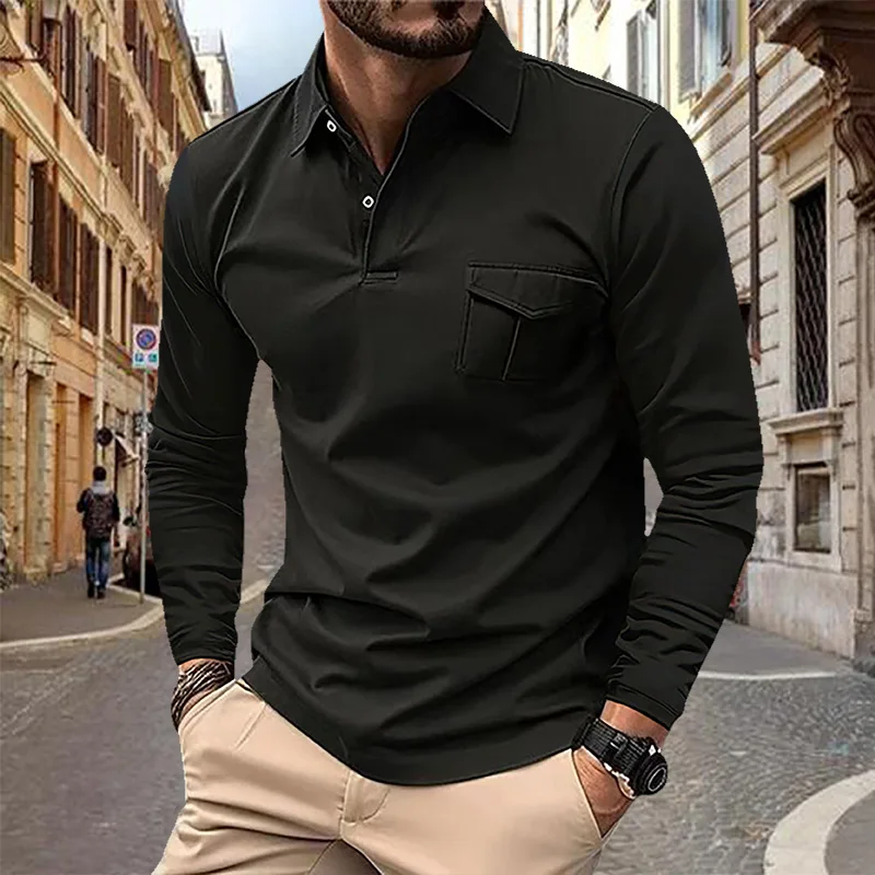 Polo da uomo primaverile e autunnale T-shirt con tasca con risvolto T-shirt da uomo d'affari casual a maniche lunghe europea e americana taglie forti 5