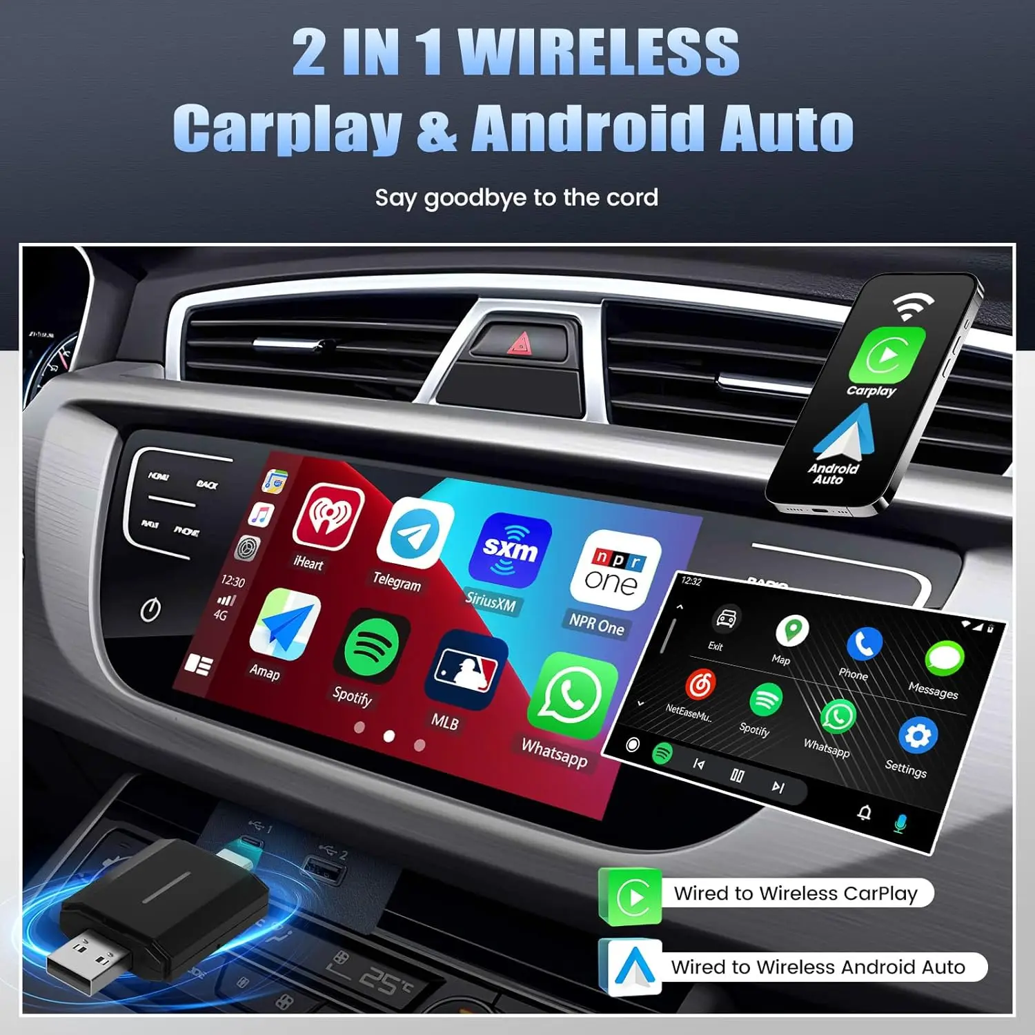 Phoebus Link 2 in 1 Mini Carplay Adattatore wireless integrazione senza soluzione di continuità Android Auto Per Apple USB Type-C Dongle in auto universale 3
