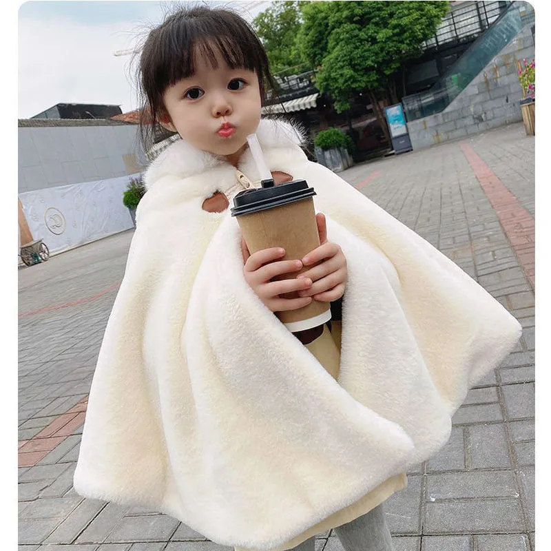 Imitazione Pelliccia Neonata Mantello Autunno Inverno Colore Solido Infantile Del Bambino Collo di Pelliccia Mantello Con Cappuccio Per 1-7Y Bambini Caldo Outwear Top 5
