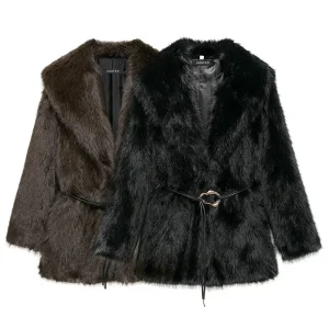 Cappotto medio lungo da donna con colletto decorativo con cintura tinta unita Cappotto ampio a maniche lunghe autunno/inverno 1