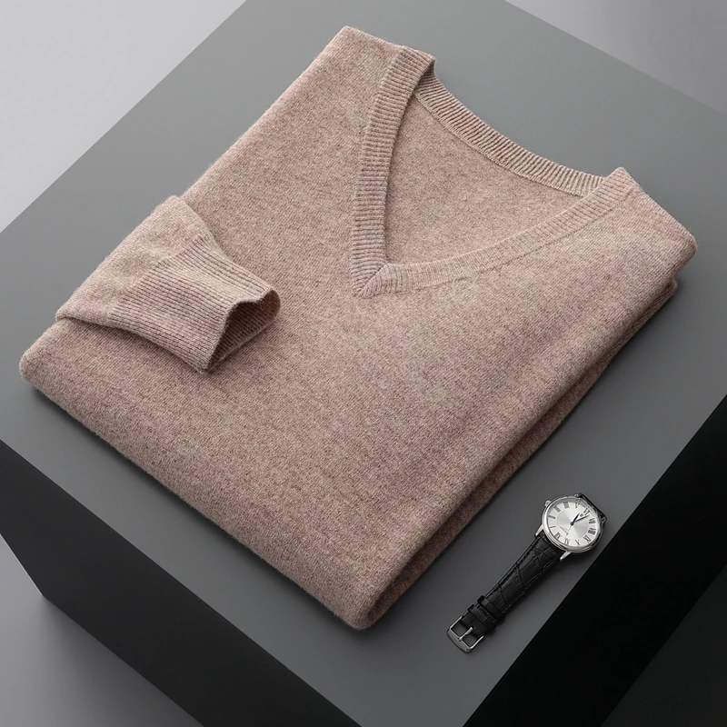 Autunno e inverno nuovi uomini con scollo a V in cashmere allentato ispessito tinta unita in lana lavorata a maglia che tocca il fondo camicia business casual maglione 5