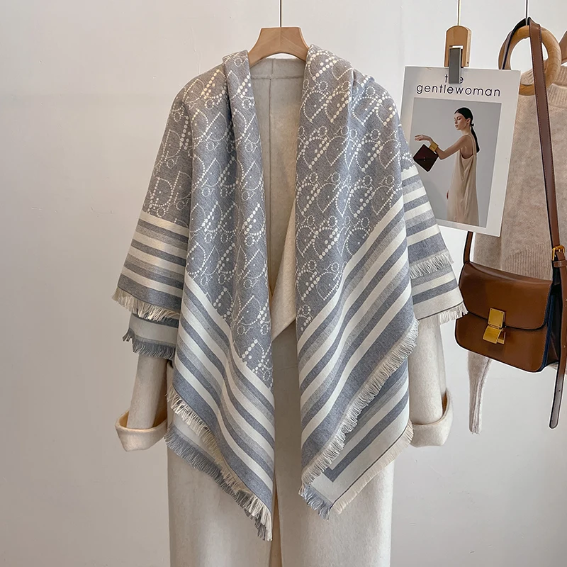 Sciarpa di cashmere da donna invernale di marca di lusso 2025 - Scialle con nappe stampato astratto, bandana di pashmina e poncho elegante 5