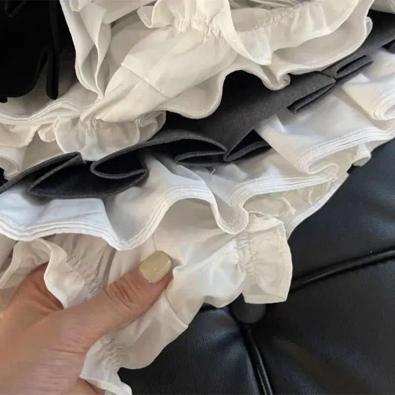 Mooyufon Ruffles Minigonna nera Donna Patchwork coreano Gonne a pieghe Kawaii giapponese a vita alta All Match A Line Gonna Nuovo 6