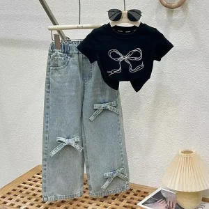 Set di abbigliamento per ragazze adolescenti Estate nuova stampa con fiocco Top a maniche corte + jeans a gamba dritta 2 pezzi vestito per 3-12 anni vestito di moda per ragazze 1