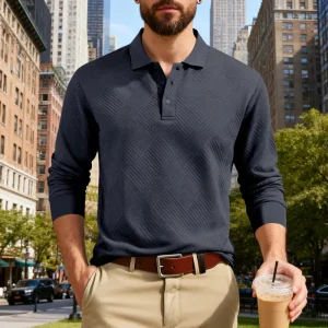 2025 primavera e autunno uomo leggero lusso casual semplice risvolto jacquard POLO maglione a maniche lunghe abbottonato 1