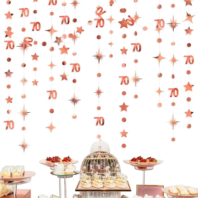 Oro rosa 70th Birthday Banner decorazioni numero 70 Circle Dot Twinkle Star ghirlande fondale appeso per la 70th Birthday Party 1