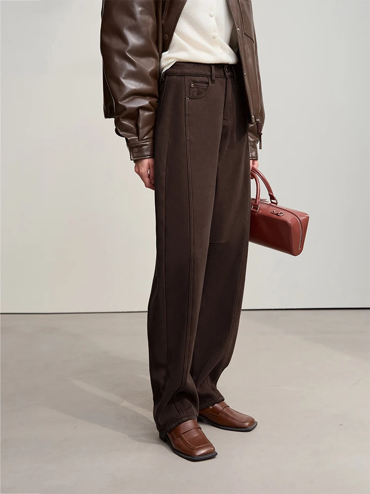 Amii Jeans in cotone 2025 Inverno Nuovo colore solido Pantaloni in denim larghi a gamba larga Addensare Pantaloni jeans versatili caldi per le signore 12554073 5