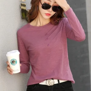 2025 T-shirt moda casual allentate con bottoni T-shirt da donna estive in cotone a costine T-shirt da donna a maniche lunghe con o-collo Corea 1