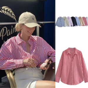 ETJ 2025 primavera da donna nuova moda europea-americana a righe manica lunga risvolto versione ampia camicia in popeline selezione multicolore 1