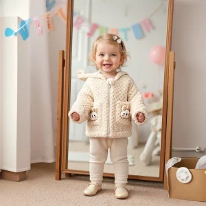 Cappotto da bambina invernale tinta unita con cerniera con cappuccio orecchie di coniglio design top da bambino cartone animato in pile caldo giacca da bambina vestiti per bambini 1