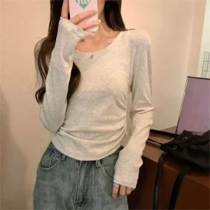 NUOMICI T-shirt a maniche lunghe grigia da donna 2025 Nuova vita Slim Fit Casual Confortevole Autunno Inverno Basic Interno Top Abbigliamento donna 1