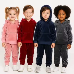 2025 Set di vestiti per bambini Ragazzi Ragazze Felpe con cappuccio in velluto Completo Felpa solida + Pantaloni Completi sportivi per bambini 1