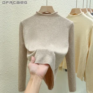 Camicia lavorata a maglia con base a mezzo dolcevita tinta unita per donna Autunno Inverno Maglione con fondo a maniche lunghe 1