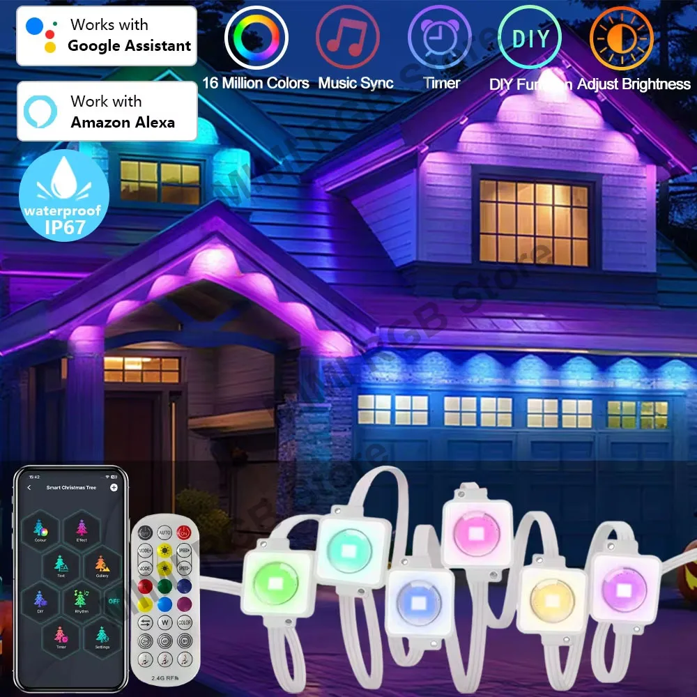 45M 90LED RGBIC Eaves Lights Bluetooth Permanente Luci di illuminazione esterna Sincronizzazione musicale Timer IP67 Impermeabile Decorazioni per la casa di Halloween 1