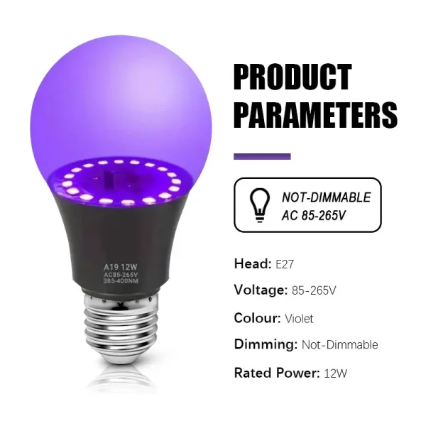 Lampadina LED UV 12W AC85-265V Viola Trasparente Barra da palco Luce Vacanza Halloween Atmosfera Decor per sfondo/festa 3