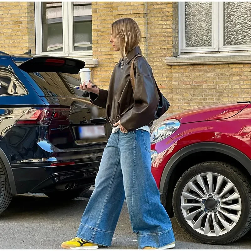 Giubbotti bomber in pelle PU vintage 2025 Autunno nuove signore cerniera risvolto manica lunga tasca cappotto con cintura streetwear allentato da donna 3