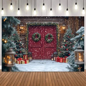 Sfondo natalizio invernale Albero di Natale Finestra Porta in legno Regali Fiocco di neve Ritratto per bambini Festa in famiglia Sfondo fotografico Decor 1
