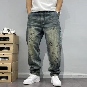 Jeans stampati molati lavati vecchi retrò primaverili e autunnali Pantaloni dritti micro-conici da uomo con vestibilità ampia Tendenza High Street 1