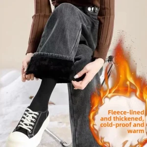 Jeans a gamba larga da donna retrò foderati in pile ispessito Inverno Nuovo stile Hong Kong Sapore Pantaloni caldi taglio dritto di piccole dimensioni 1
