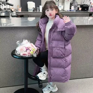 -30 ℃   Giacca invernale da ragazza nuova lunga tinta unita spessa mantieni caldo cappotto frangivento con cappuccio per 6-14 anni tuta da neve moda per ragazze adolescenti 1