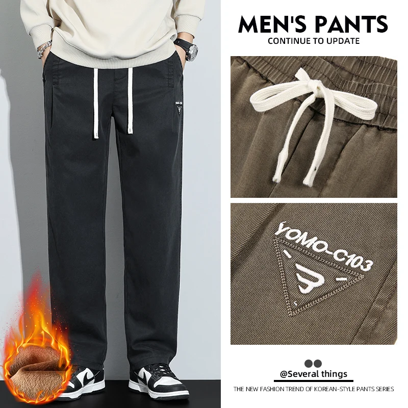 Pantaloni cargo da uomo a gamba larga con gamba dritta allentata foderata in pile Lyocell 2025 Pantaloni lunghi casual caldi autunno inverno Plus Size 5XL 2