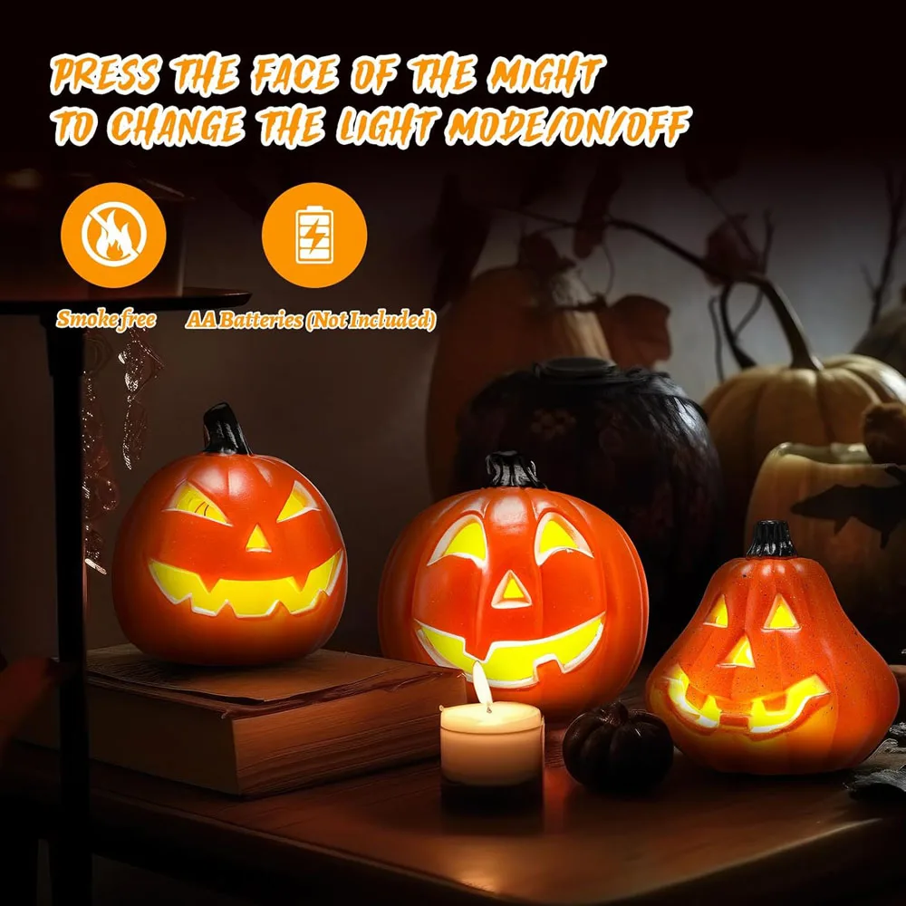 Set di lanterne di zucca di Halloween Lampada di zucca illuminata Luce a LED Arancione Decorazione di Halloween per la porta d'ingresso del portico Forniture per feste 3