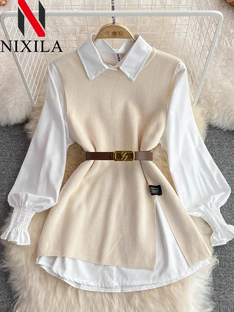 Set da donna chic in 2 pezzi che riduce l'età, camicia bianca a maniche lunghe, maglione, vestibilità ampia, gilet in maglia, pullover, moda primavera autunno 2