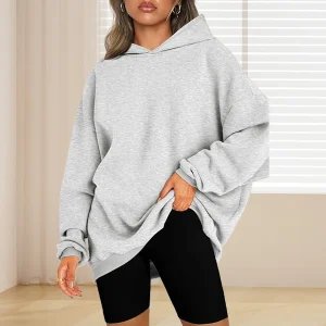 Felpa con cappuccio basic tinta unita taglie forti, felpa con cappuccio casual semplice a maniche lunghe, abbigliamento taglie forti da donna 1