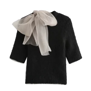 Autunno e inverno nuove donne abbigliamento dolce trasparente filato duro decorazione fiocco maglione lavorato a maglia a maniche corte 1