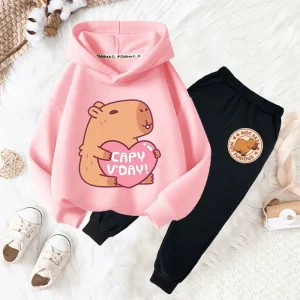 Autunno Inverno Capybara Drink Cute Print Girl Fashion Felpa con cappuccio + pantalone Bambini Casual Comodo caldo manica lunga Set a due pezzi 1