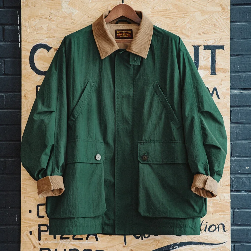 Maden Giacca Safari multitasche retrò da uomo Cappotto classico in velluto a coste allentato verde Capispalla versatile per la primavera e l'autunno 5