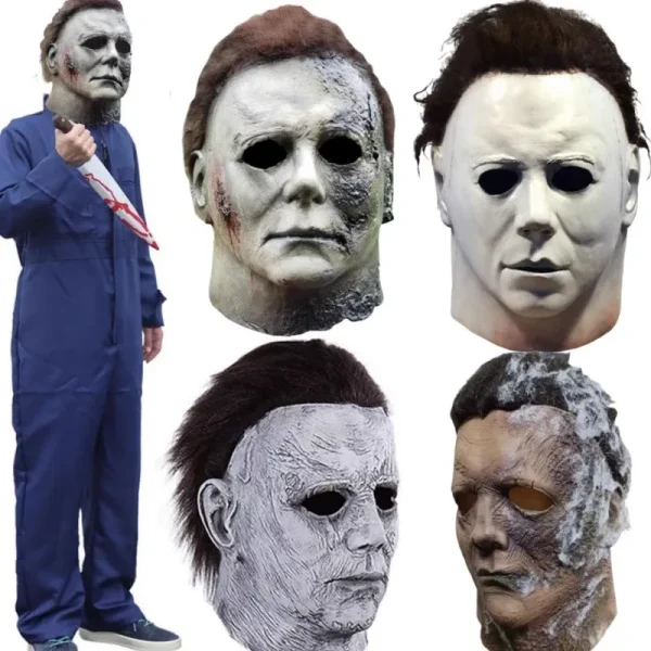 Halloween Michael Myers Mask spaventoso Killer Full Head Mask Creepy Fire Burn Scar Latex Face Mask Cosplay Costume Party puntelli coltello 1
