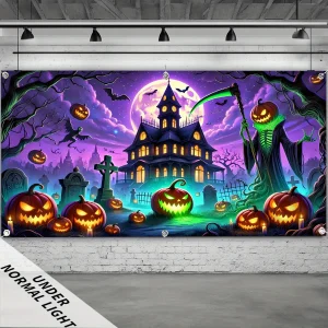 1 banner di Halloween: casa fantasma, lanterna di zucca e design lapide, decorazione per porta del garage in poliestere 1