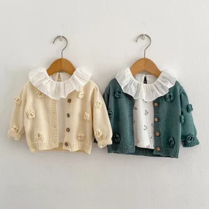 Autunno inverno bambino neonate maglione cappotto tinta unita fiore fatto a mano neonate maglieria Cardigan vestiti per bambini 1