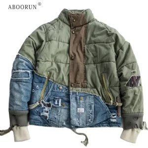 ABOORUN giacca di jeans Patchwork Hi Street Hole da uomo Streetwear cappotto di jeans in cotone spesso per uomo 1
