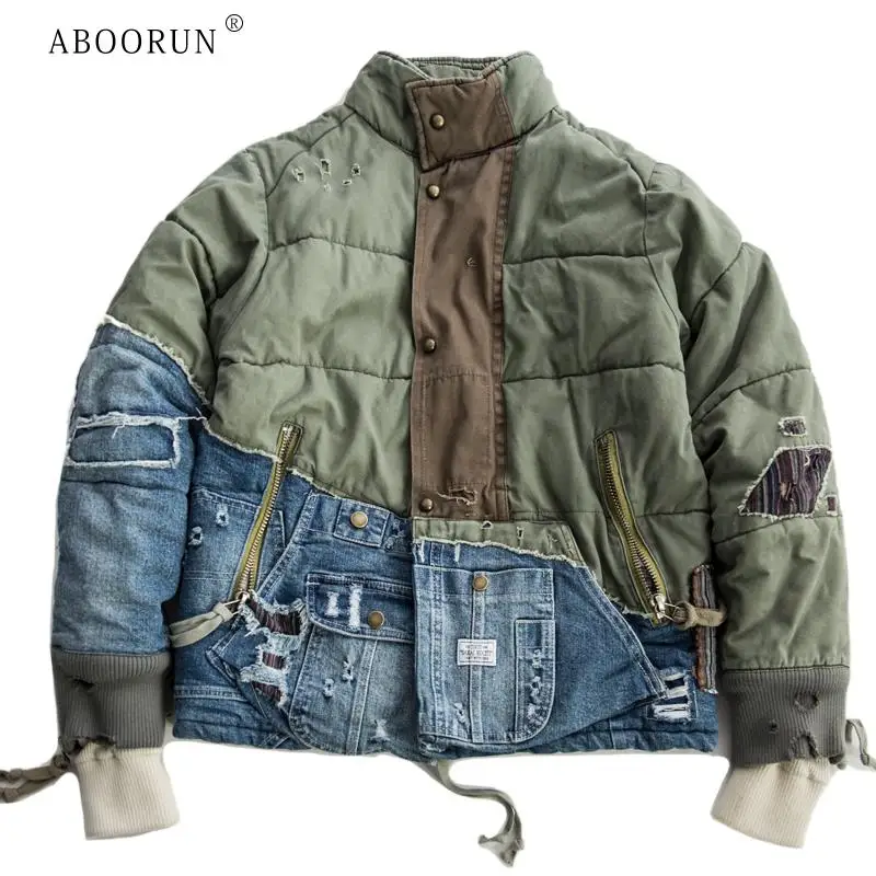 ABOORUN giacca di jeans Patchwork Hi Street Hole da uomo Streetwear cappotto di jeans in cotone spesso per uomo 1