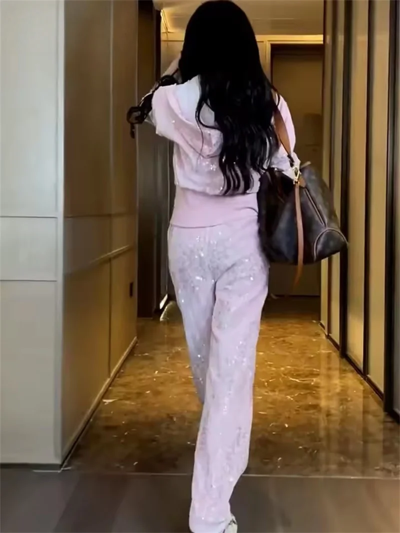 Moda Paillettes Abito Casual Abbigliamento Donna 2025 Nuove Paillettes Con Cappuccio Collo di Pelliccia Felpa Pantaloni a Gamba Larga Set da Due Pezzi da Donna 5