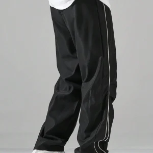 Larbulse Pantaloni da uomo con finiture a contrasto Pantaloni casual alla moda Pantaloni con coulisse dritti larghi traspiranti tinta unita Streetwear 1