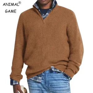 Maglione lavorato a maglia in misto lana da uomo Maglione casual a maniche lunghe con colletto con cerniera Maglioni pullover invernale a righe calde per esterni 1