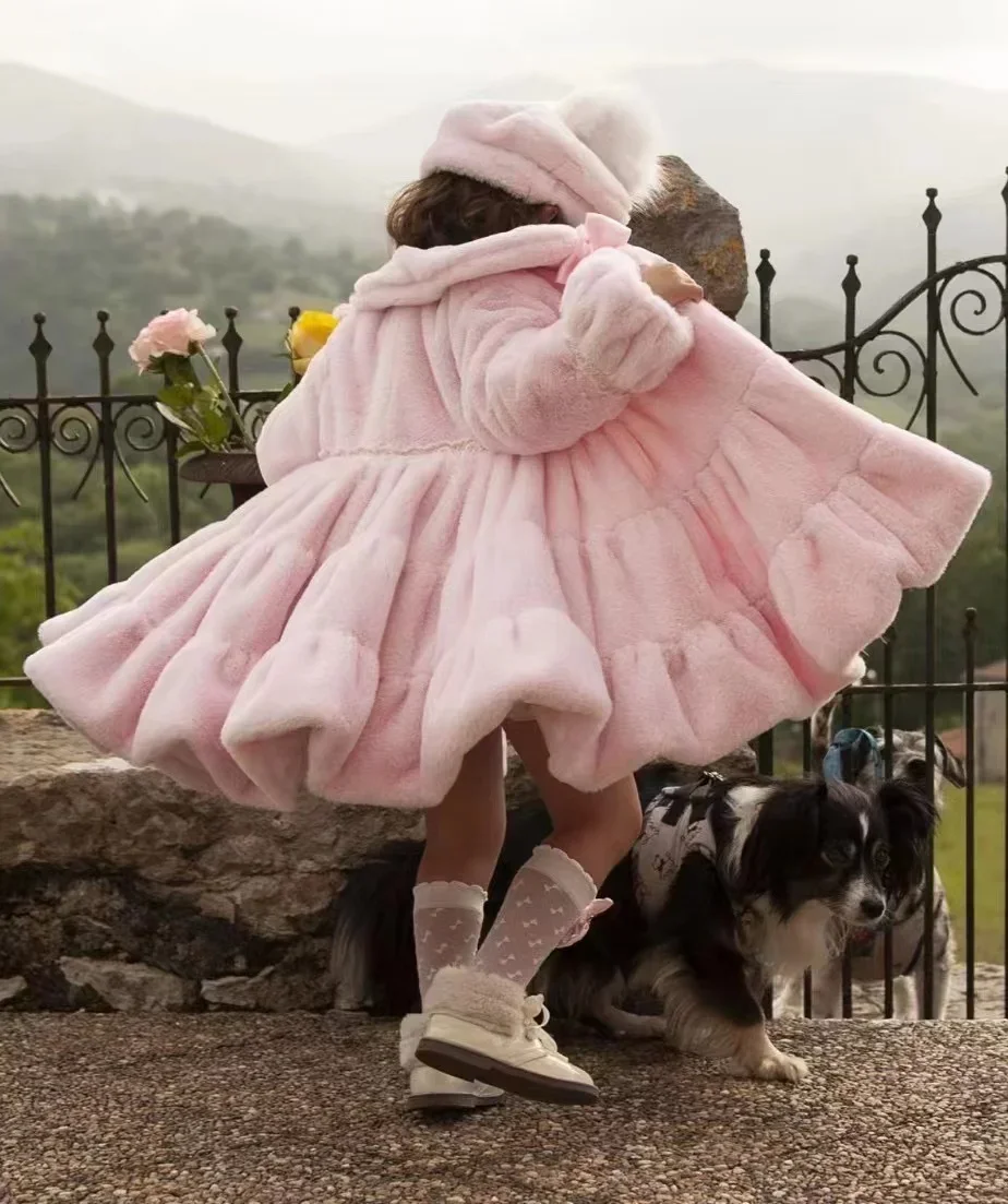 1-12Y neonata autunno inverno rosa pelliccia bianca palazzo Inghilterra spagnolo velluto rosso principessa cappotto di lana per Casual Eied C53 4