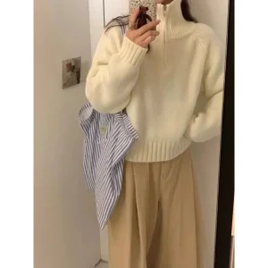 Nuovo autunno e inverno abbigliamento donna a maniche lunghe semi-dolcevole maglione con cerniera tinta unita camicia pullover da donna casual 1